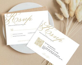 Rsvp QR Code Card, Minimalist Wedding Online Reply Card, Modern Wedding Website Card, Elegant Response Insert, Editable Template, Golden