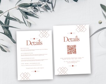 May include: Two white wedding details cards with brown text and geometric designs. One card lists reception, accommodation, and transportation details. The other card has a QR code and website information.