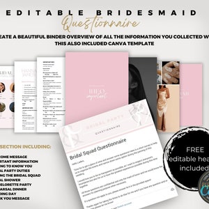 Puede incluir: Una plantilla de cuestionario de dama de honor imprimible en rosa y blanco con el texto "Bridal Squad Questionnaire" y "The most important questions" en fuente rosa y blanca. La plantilla incluye una sección para el mensaje de bienvenida, información importante, conocerse, deberes de la fiesta nupcial, estilo del equipo de la novia, despedida de soltera, cena de ensayo, día de la boda y mensaje de agradecimiento.
