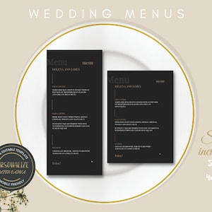 Modern Minimalist Black and Gold Wedding Reception Decoration Table Menus for Guests Canva Instant Download & Printable Template