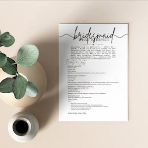 Promesse de demoiselle d'honneur À quoi s'attendre Responsabilités de la carte | Proposition d'insertion de contrat d'engagement, mariage de noce, carte Canva imprimable