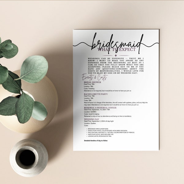 Bridesmaid Pledge What to Expect Card Responsabilities | Commitment Contract Insert Proposal, Bridal Party Wedding, Canva Card Printable