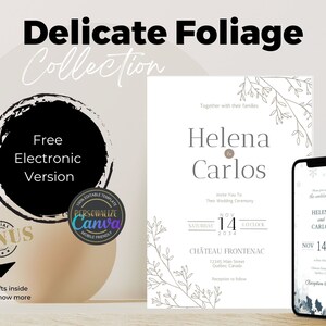 Delicate Foliage Minimalist Wedding Invitation, Elegant Custom Elegant Card Design, Luxurious Unique DYI Canva Printable Template