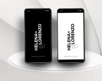 May include: Two black smartphone mockups with white text on the screen. The text reads "HELENA+LORENZO" and "SAVE THE DATE 14.17.2034 121 PM SOME MAIN STREET, GUERNEVILLE, CA" with the words "FORMAL INVITATION TO FOLLOW" at the bottom.