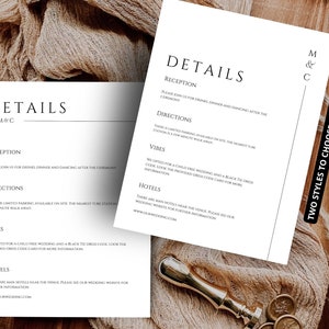 Wedding Invite Details Card TEMPLATE Modern Details Insert, Script Printable Enclosure Card, Editable Minimalist Accommodation Card Marysa