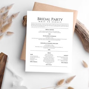 Peut inclure: Une liste de contrôle imprimable en noir et blanc pour une fête de mariage avec le titre "Bridal Party What to Expect". La liste de contrôle comprend les dates, les lieux et les coûts des événements tels que la fête de mariage, le week-end d'enterrement de vie de jeune fille, la répétition et le mariage.