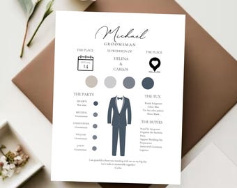 Groomsmen Info Card Template, Groomsmen Proposal Card, Best Man Info Card, Groomsmen Infographic, Modern Bridal Party Info Card, Canva GPP