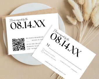 Rsvp QR Code Card, Minimalist Wedding Online Reply Card, Modern Wedding Website Card, Elegant Response Insert, Editable Template, Grace