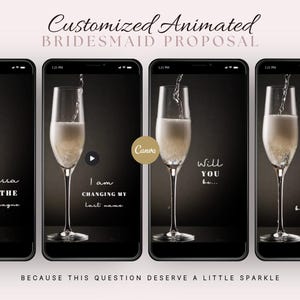 May include: Four smartphones display animated bridesmaid proposal messages. Each phone shows a champagne flute with bubbles and text. The messages include "Vanessa, pop the champagne," and "Will you be my bridesmaid?" The top text reads "Customized Animated Bridesmaid Proposal."