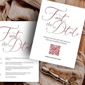 Wedding Invite Details Card TEMPLATE Modern Qr Code Insert, Script Printable Enclosure Card Editable Minimalist Accommodation Card Red Queen