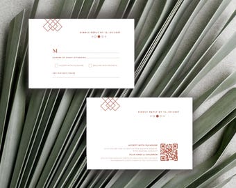 May include: Two white wedding RSVP cards with geometric designs in a reddish-brown color. The cards have text including "KINDLY REPLY BY 14-09-2017" and prompts for guest information. The background is a textured green.
