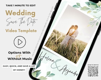 May include: A wedding save the date video template with a green and white floral design. The template features a photo of a couple in a field and the text "Helana & Alejandro".