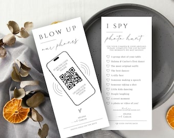 I spy wedding game Capture the Love photo scavenger hunt wedding game card, Pics Or It Didn't Happen Canva camera QR Code