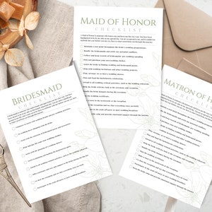 Liste de contrôle des tâches de la demoiselle d'honneur, responsabilités de la demoiselle d'honneur, carte d'informations pour la fête de la mariée minimaliste, Canva Digital, contrat d'engagement MSGC