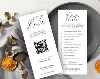 I spy wedding game Capture the Love photo scavenger hunt wedding game card, Pics Or It Didn't Happen Canva camera QR Code