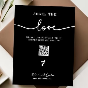 Enseigne personnalisable de partage de photos de mariage, partagez le code QR de l'amour, modèle modifiable en téléchargement numérique. Décoration moderne et élégante, livre d'or DIY