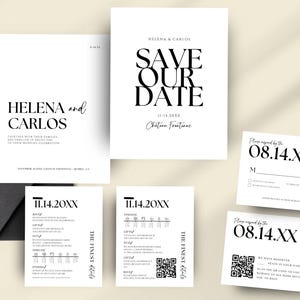 Minimalist wedding invitation set, modern wedding invitation suite template, invite details rsvp card upload QR code editable, Grace