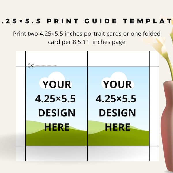 4.25×5.5 Portrait Invitation Card Printing Template, 4.25×5.5 Greeting Card Printing Cut Guide, Digital 8.5x11 Template, Cutting Guideline