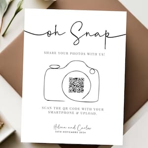 カスタマイズ可能な結婚式の写真共有サイン、Oh Snap QR コード、デジタルダウンロード編集可能テンプレート、エレガントでモダンな装飾、DIY ゲストブック