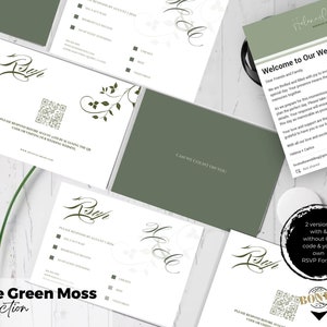 Puede incluir: Tarjetas de RSVP de boda verde salvia y blancas con un código QR y el texto "Por favor, responda antes de agosto de 2019 escaneando el código QR o editando nuestro sitio web de bodas."