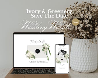 Modern Minimal Floral Ivory Digital Save-The-Date Wedding Website Template, Interactive Editable Canva Design, Instant Digital Download