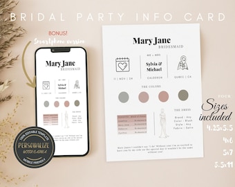May include: A printable bridal party info card template with a pink, gray, and green color scheme. The card features a calendar icon, a heart icon, a location icon, and a dress icon. The text on the card reads "Mary Jane Bridesmaid" and includes the bride and groom's names, wedding date, and location. The card also includes a section for the bridesmaid's dress details. Four sizes are included: 4.25x5.5 inches, 4x6 inches, 5x7 inches, and 8.5x11 inches.