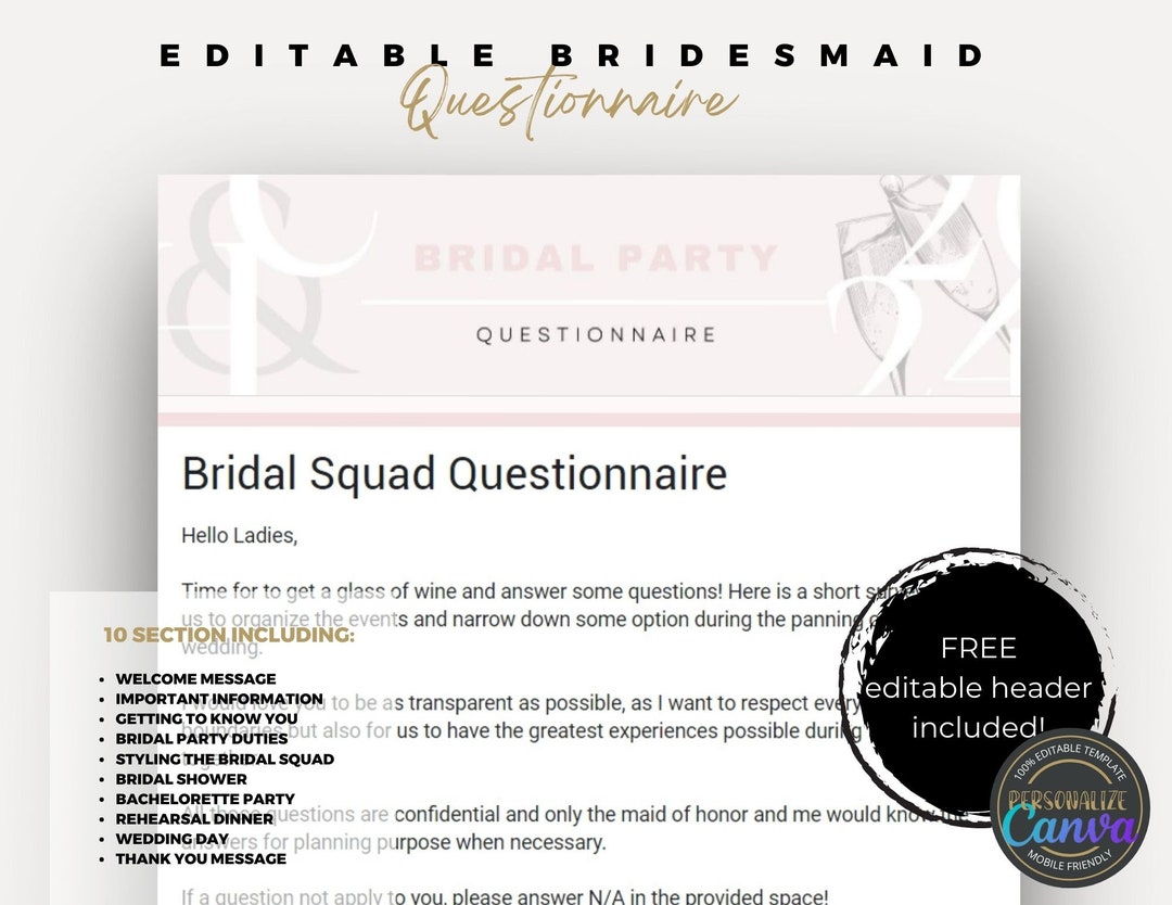 Customizable Bridesmaid Questionnaire, Bridal Party 100 Questions Customizable Bridesmaid Questionnaire, Bridal Party 100 Questions