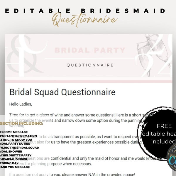 Customizable Bridesmaid Questionnaire, Bridal Party 100+ Questions, Wedding Planning Tool, Instant Download Canva Template