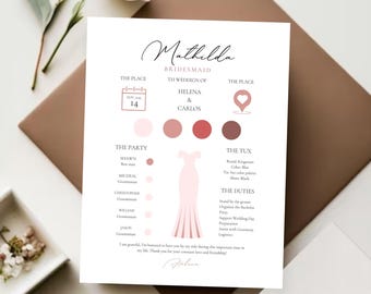 May include: A wedding invitation with the name "Mathilda" in elegant script. The invitation includes details for the wedding of Helena and Carlos, with a color palette and a bridesmaid dress illustration. The date is shown as the 14th.