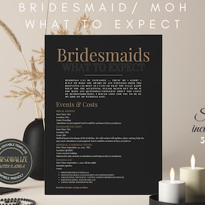 May include: A black and gold printable checklist for bridesmaids with the title "Bridesmaids What to Expect". The checklist includes a list of events and costs, such as the bridal shower, hen party, rehearsal dinner, and wedding day. The text "Four Sizes Included" is listed with the sizes 5.5x4.25, 6x4, 7x5, and 8.5x11.