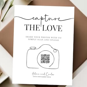 カスタマイズ可能な結婚式の写真共有サイン、愛を捉える QR コード、デジタルダウンロード編集可能テンプレート、エレガントでモダンな装飾、DIY ゲストブック