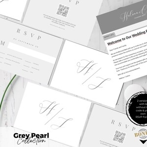 Grey Pearl RSVP Templates, QR Code & Traditional, Google Form and Headers Designs, Modern Elegance Canva Editable