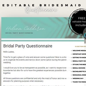 Peut inclure: Un questionnaire imprimable pour la fête nuptiale avec un fond de feuilles tropicales. Le questionnaire comprend des sections pour un message de bienvenue, des informations importantes, faire connaissance, les tâches de la fête nuptiale, le style de l'équipe nuptiale, la fête de mariage, l'enterrement de vie de jeune fille, le dîner de répétition, le jour du mariage et un message de remerciement.