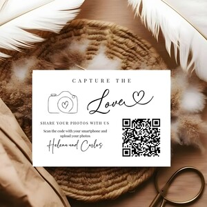 Tarjeta minimalista para compartir fotos de boda: código QR editable, decoración de boda DIY y libro de visitas, plantilla personalizable de Canva.