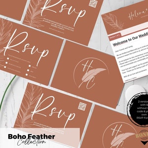 Puede incluir: Un conjunto de tarjetas RSVP imprimibles con un diseño de plumas boho. Las tarjetas son de color terracota con plumas blancas y el texto "RSVP" en una fuente de escritura a mano. Las tarjetas son perfectas para una boda u otro evento especial.