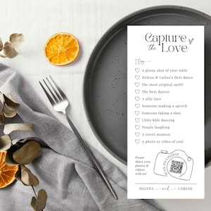 I spy wedding game Capture the love photo scavenger hunt wedding game card, CHECKLIST PDF Download Canva camera QR Code