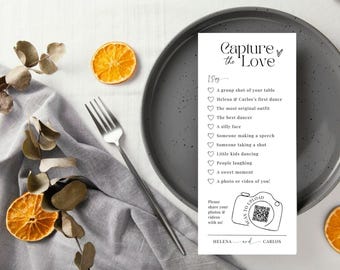 I spy wedding game Capture the love photo scavenger hunt wedding game card, CHECKLIST PDF Download Canva camera QR Code