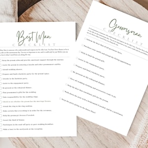 Groomsman del verde, cosa aspettarsi, inserto della scheda di impegno informativo, impegno del miglior uomo, modello Canva, elenco di controllo delle responsabilità dell'equipaggio dello sposo