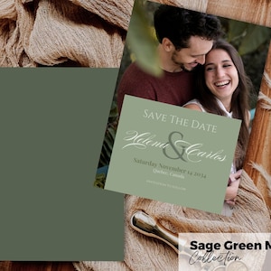 Sage Green Moss Elegant Save the Date Template, Customizable Canva Design, Greenery Modern & Intricate Font, Wedding Announcement Cards