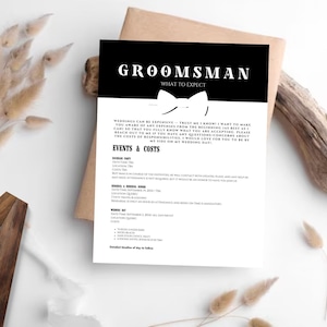 Minimalist Groomsman & Best Man What to Expect Card, Groom Crew Costs, Elegant Bold Black Suit Design Multiple Sizes, Canva Template
