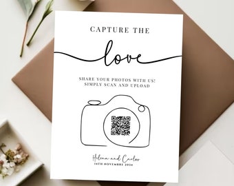 Customizable Wedding Photo Sharing Sign, Capture the Love QR Code, Digital Download Editable Template. Elegant Modern Decor, DIY Guestbook
