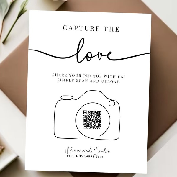 Customizable Wedding Photo Sharing Sign, Capture the Love QR Code, Digital Download Editable Template. Elegant Modern Decor, DIY Guestbook