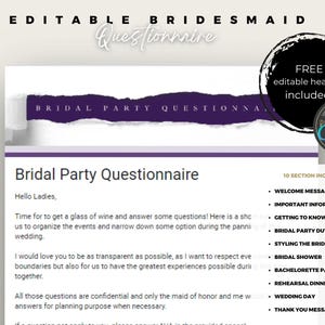Pode incluir: Um questionário imprimível para uma festa de casamento com um esquema de cores roxo e branco. O texto na página inclui "Bridal Party Questionnaire", "Hello Ladies", "Time for to get a glass of wine and answer some questions! Here is a short questionnaire to help us organize the events and narrow down some option during the planning of the wedding."