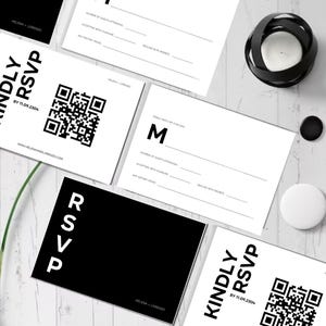 May include: Black and white RSVP cards with a QR code and the text "Kindly RSVP by 11.09.2304" and "RSVP".