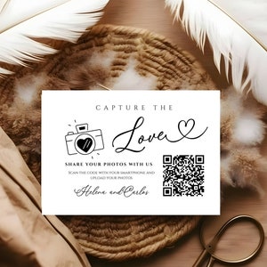 Tarjeta minimalista para compartir fotos de boda: código QR editable, decoración de boda DIY y libro de visitas, plantilla personalizable de Canva.