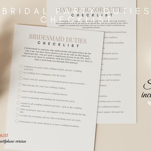 May include: A printable checklist for bridesmaids with a pink and white colour scheme. The checklist includes tasks such as volunteering to assist with wedding details, going wedding dress shopping, and attending the wedding rehearsal. The checklist also includes a bonus smartphone version.