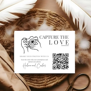 Tarjeta minimalista para compartir fotos de boda: código QR editable, decoración de boda DIY y libro de visitas, plantilla personalizable de Canva.