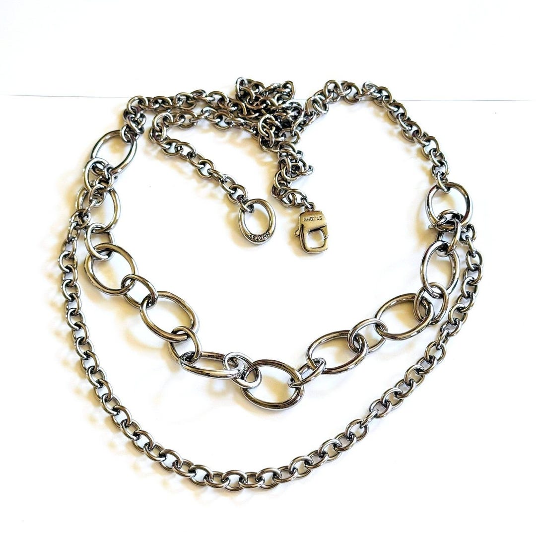 ST. John Chain Belt logo Necklace VTG signed silver tone High end designer 40\