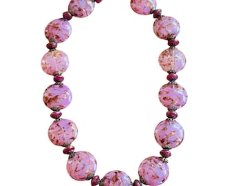 VTG Pink Murano Venetian Glass Necklace Gold Flek Foil Large Beads Italy 22mm