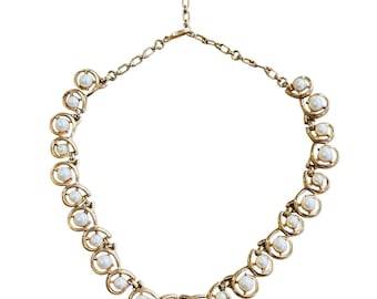 VTG Krona Trifari Halsband Signerad Pärla Cabochon Guld Regal Regency 50-tal 17"